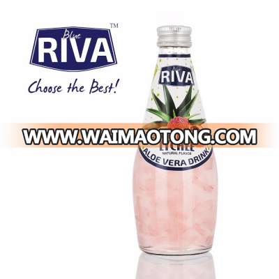 ALOE VERA DRINK WITH ALOE VERA PULPS WITH LYCHEE FLAVOR IN GLASS BOTTLE