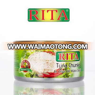 CANNED TUNA FISH IN OLIVE OIL WITH CHILLI FROM THAILAND BLUE RIVA / RITA BRAND